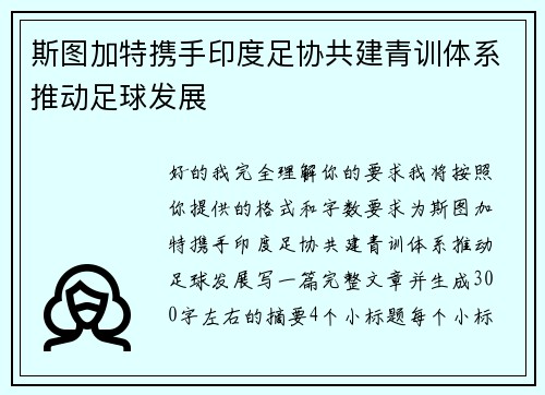 斯图加特携手印度足协共建青训体系推动足球发展